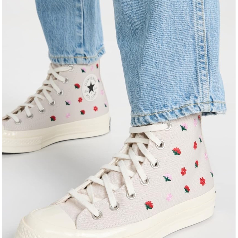 Embroidered Floral Converse Kids' Cream High-Top Sneakers